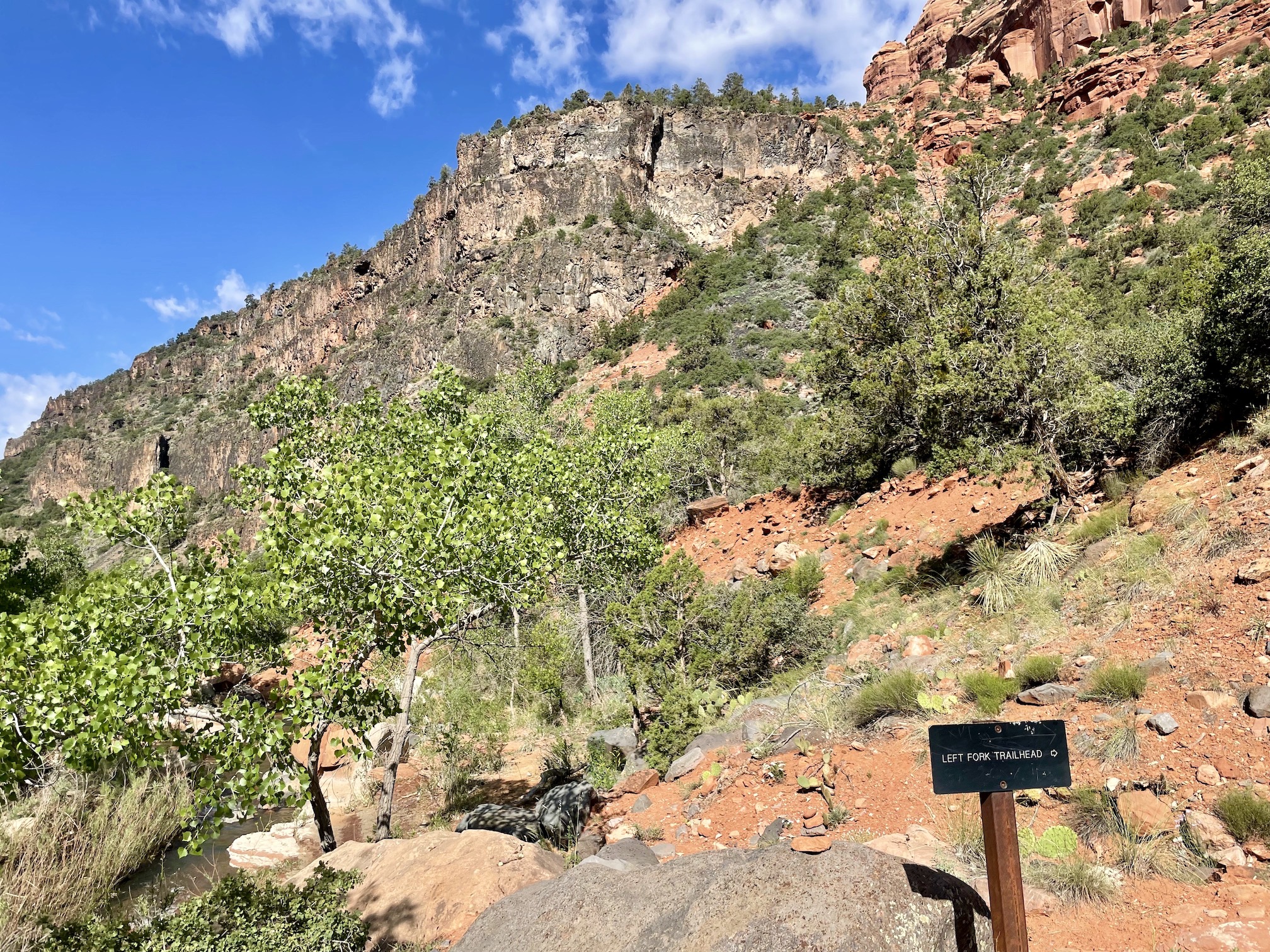 Left Fork Trailhead sign out of canyon up to trailhead